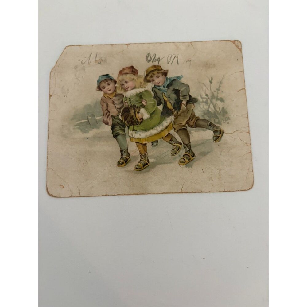 Vintage christmas trading card for Lion Coffee featuring 3 children skating